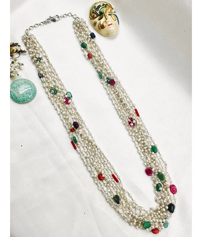 Necklaces The Meghaduta Silver Layered Pearl Necklace Gemstone
