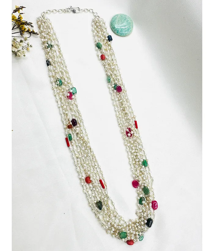 Necklaces The Meghaduta Silver Layered Pearl Necklace Gemstone