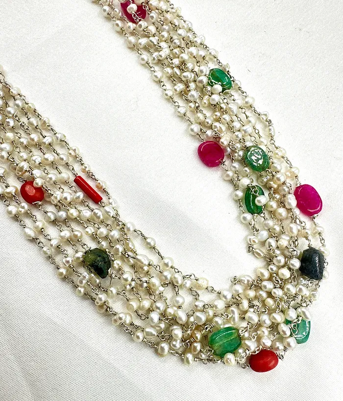 Necklaces The Meghaduta Silver Layered Pearl Necklace Gemstone