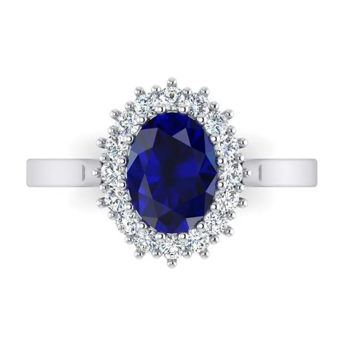 Rings 35 Ct Oval Shaped Ceylon Sapphire Round Natural Earth Mined Diamond Ring White Gold 14K GB