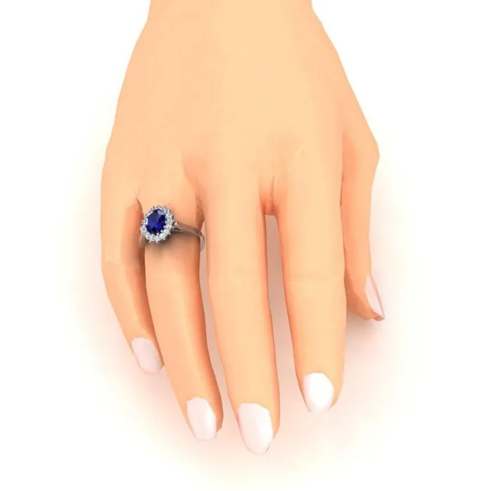 Rings 35 Ct Oval Shaped Ceylon Sapphire Round Natural Earth Mined Diamond Ring White Gold 14K GB