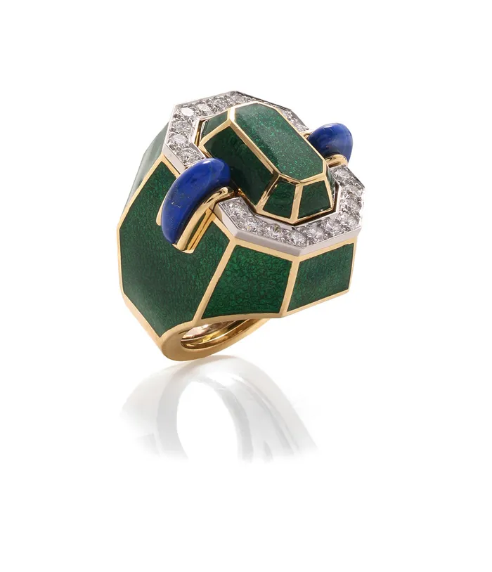 Rings David Webb Facet Ring Lapis Lazuli Green Enamel
