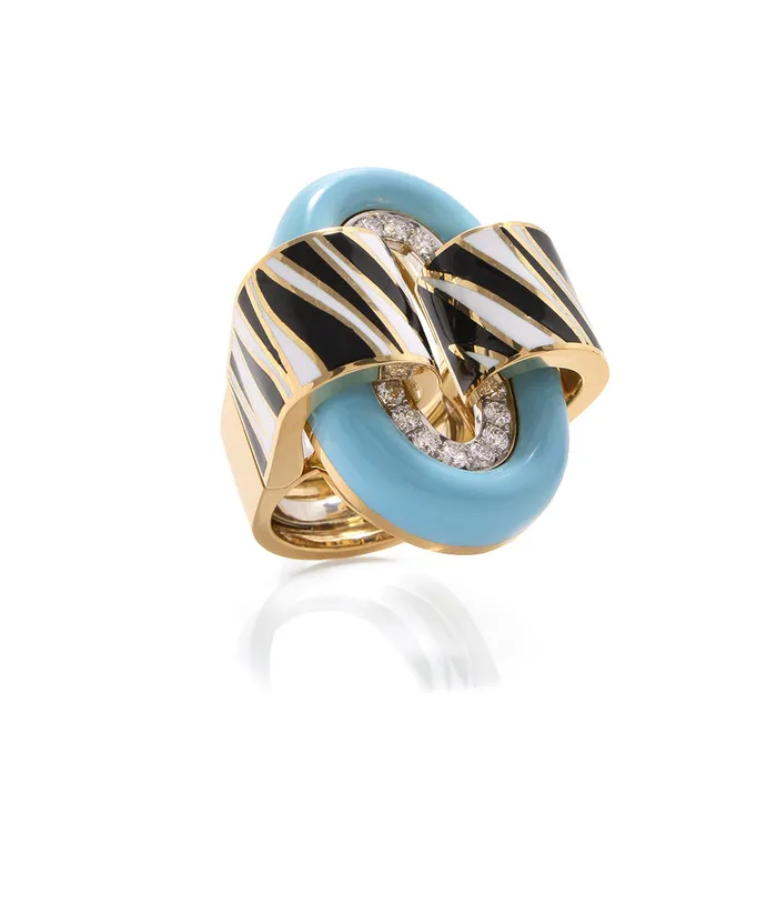 Rings David Webb Zebra Stripe Oval Buckle Ring Light Blue Enamel