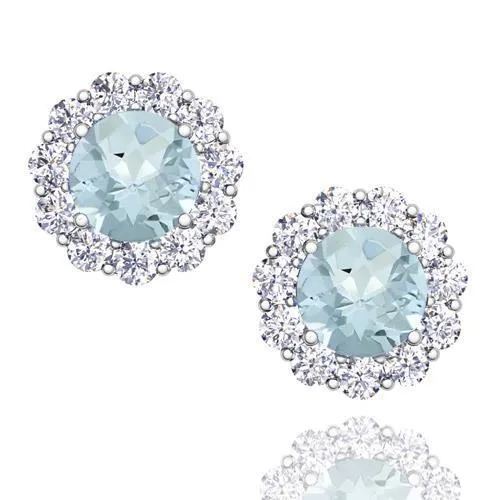 Round Cut Aquamarine With Halo Natural Earth Mined Diamond Stud Earrings 7 Carat WG 14K GB Earrings Round Cut Aquamarine With Halo Natural Earth Mined Diamond Stud Earrings 7 Carat WG 14K GB Earrings