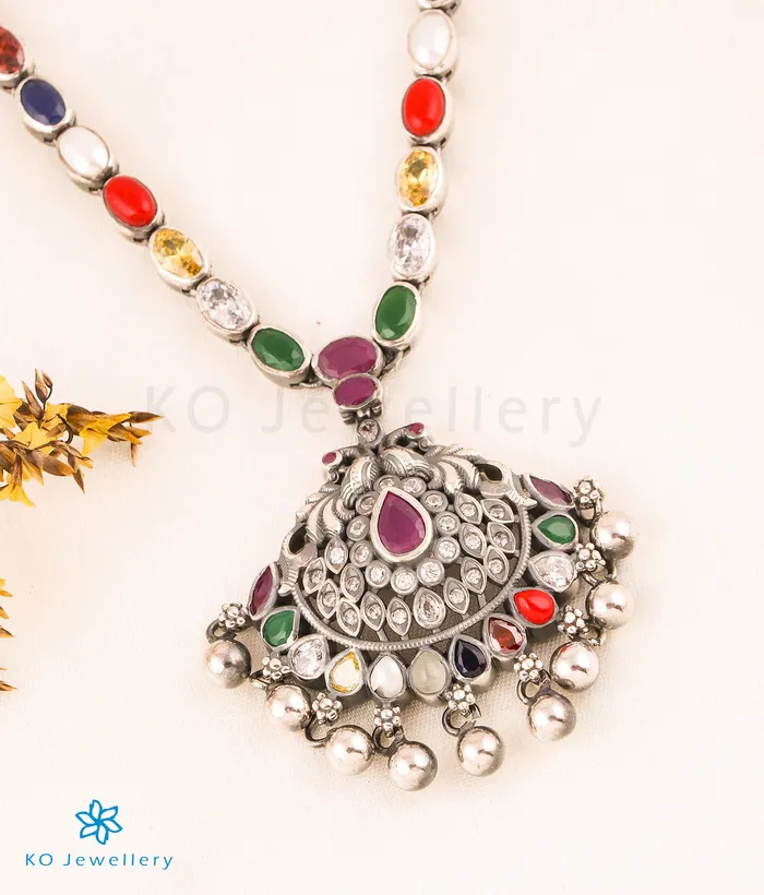 Silversmith Necklaces The Nishta Silver Navratna Peacock Necklace Oxidised Silversmith Necklaces The Nishta Silver Navratna Peacock Necklace Oxidised