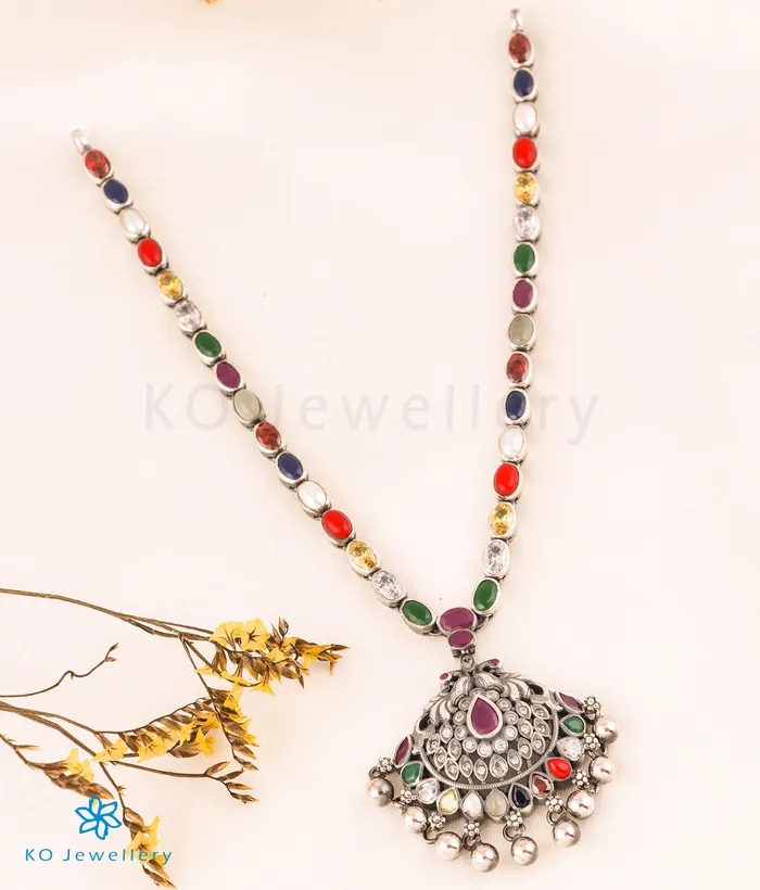 Silversmith Necklaces The Nishta Silver Navratna Peacock Necklace Oxidised