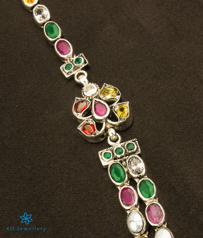 Silversmith The Advi Silver Navratna Two Layer Necklace Oxidised Necklaces