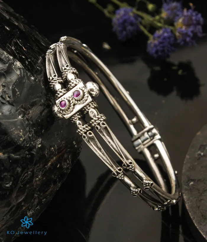 The Lasya Silver Garnet Kada Bracelet 2 layersSize 24 Jaipur Bracelets