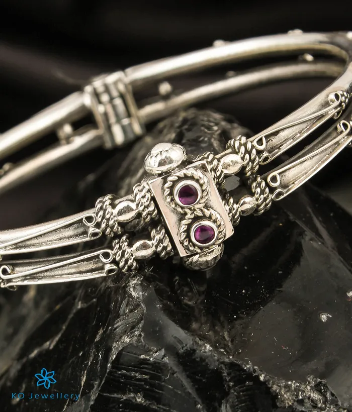The Lasya Silver Garnet Kada Bracelet 2 layersSize 24 Jaipur Bracelets