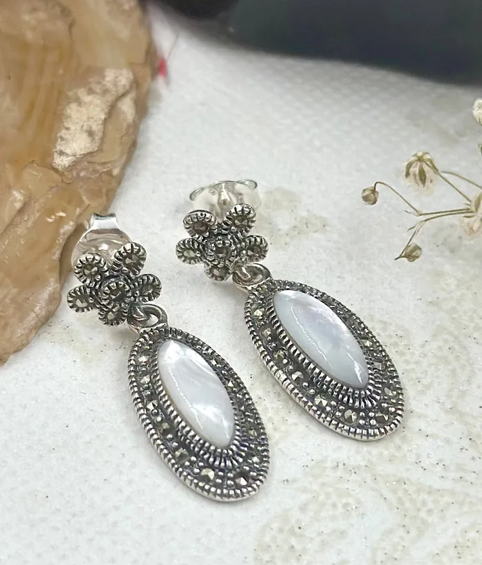 The Silver Marcasite Earrings Mother of Pearl Marcasite Earrings